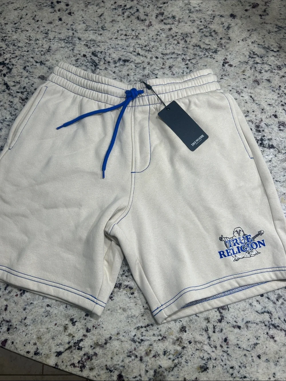 True Religion Cream Shorts with Blue Drawstring and Trim